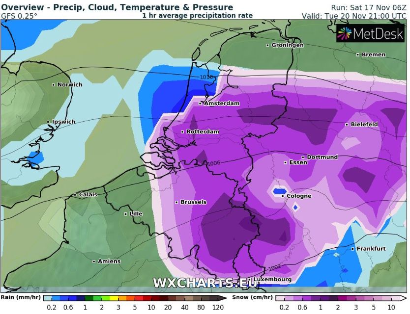 Neerslagkaartje dinsdagavond 20 november GFS