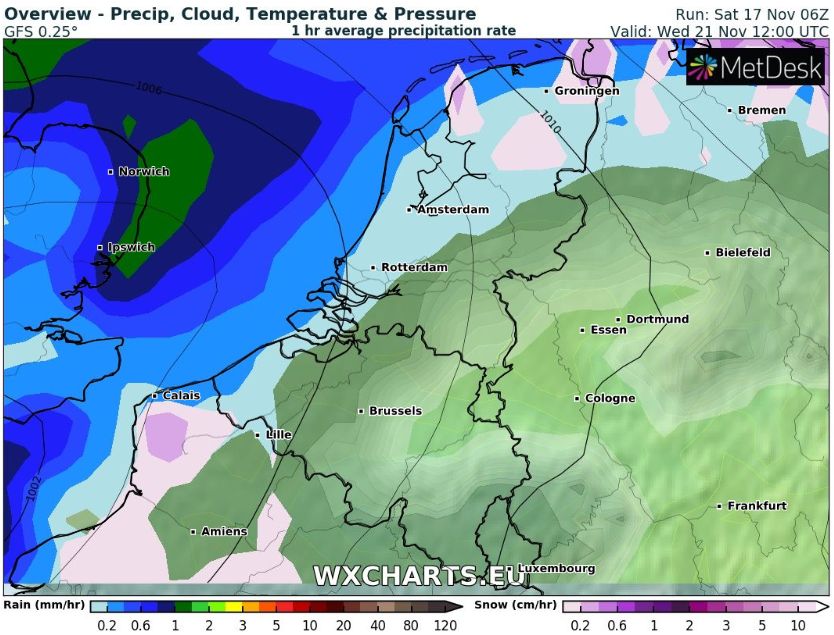 Neerslagkaartje woensdagmiddag 21 november GFS