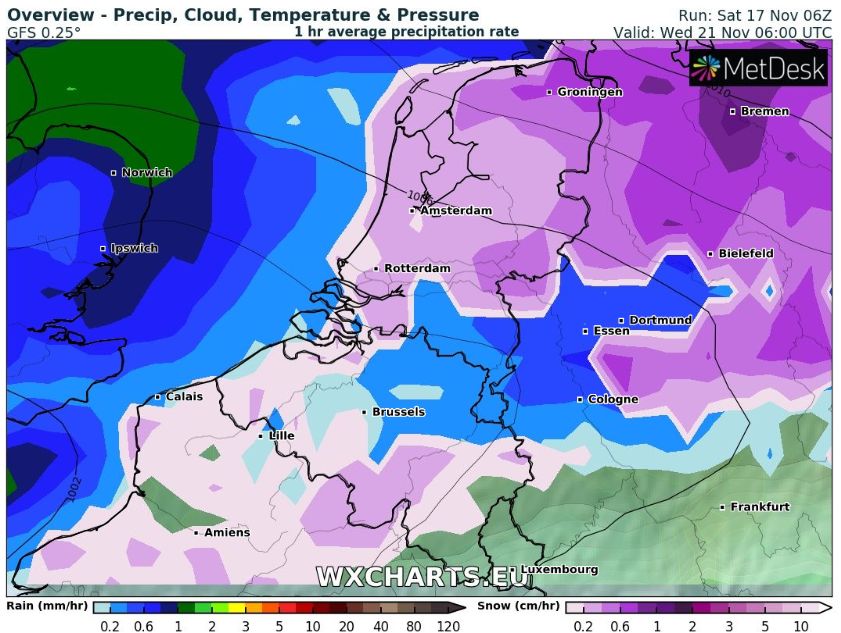 Neerslagkaartje woensdagochtend 20 november GFS