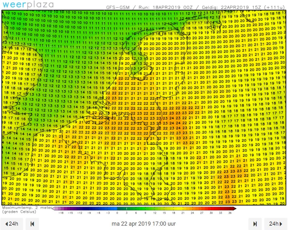 Temperatuur-indicatie volgens weermodel GFS voor maandagnamiddag