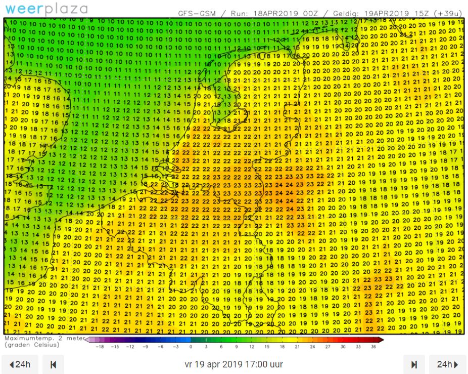 Temperatuur-indicatie volgens weermodel GFS 19-4