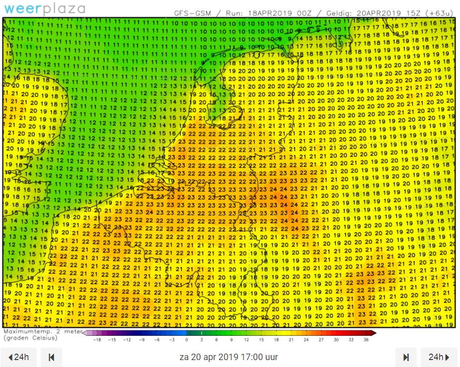 Temperatuur-indicatie volgens weermodel GFS 20-4