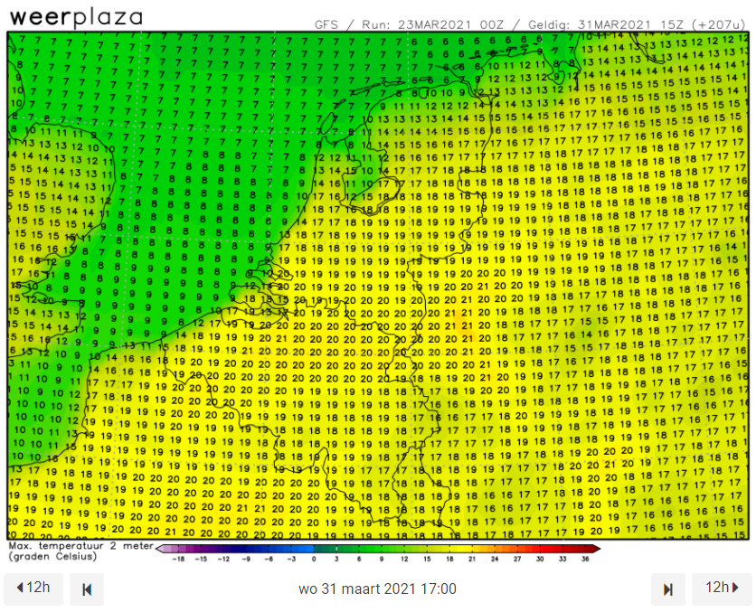 Verwachte maxima voor woensdag volgens weermodel GFS: