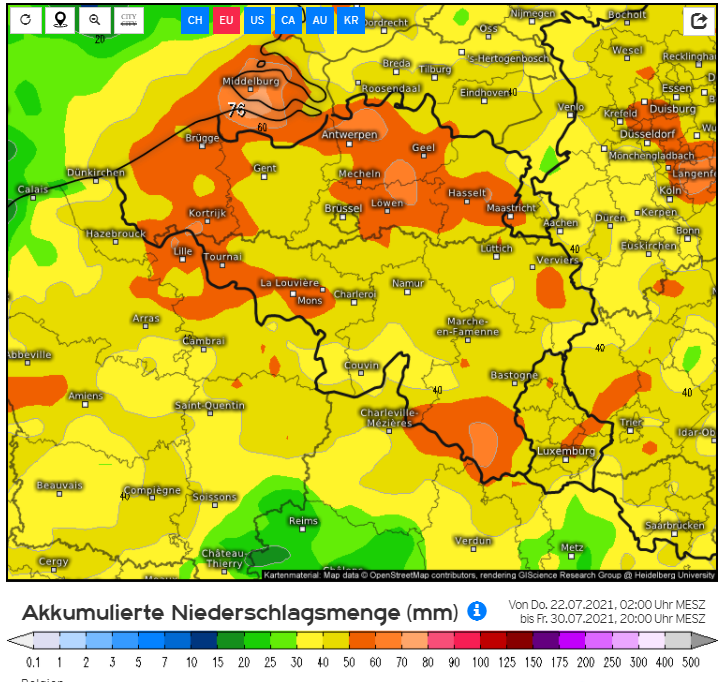 Neerslagsom volgens ECMWF tot vrijdagavond